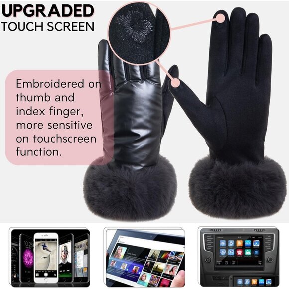 Women's Winter Warm Faux Dark Gray Leather Fleece Fur Cuffs Touchscreen Gloves - Picture 2 of 5